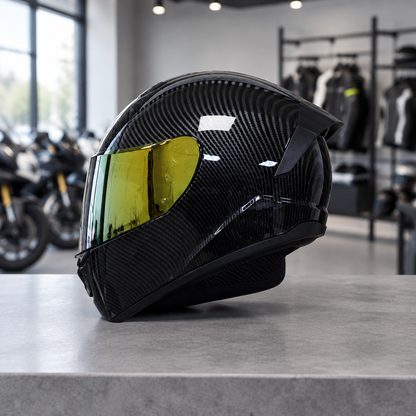 Apex full face motorcycle helmet, jet black carbon-weave shell with a gold visor, on a workshop counter