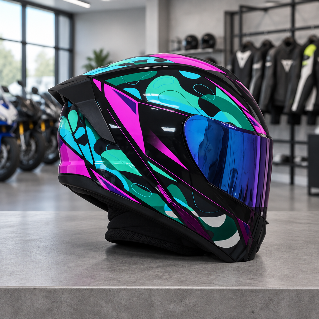 Apex full face motorcycle helmet, Aurora Teal graphic shell with a blue iridium visor, on a workshop counter