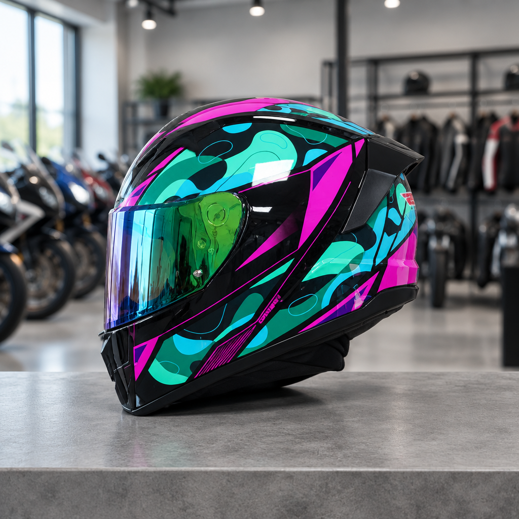 Apex full face motorcycle helmet, Aurora Teal graphic shell with a green iridium visor, on a workshop counter