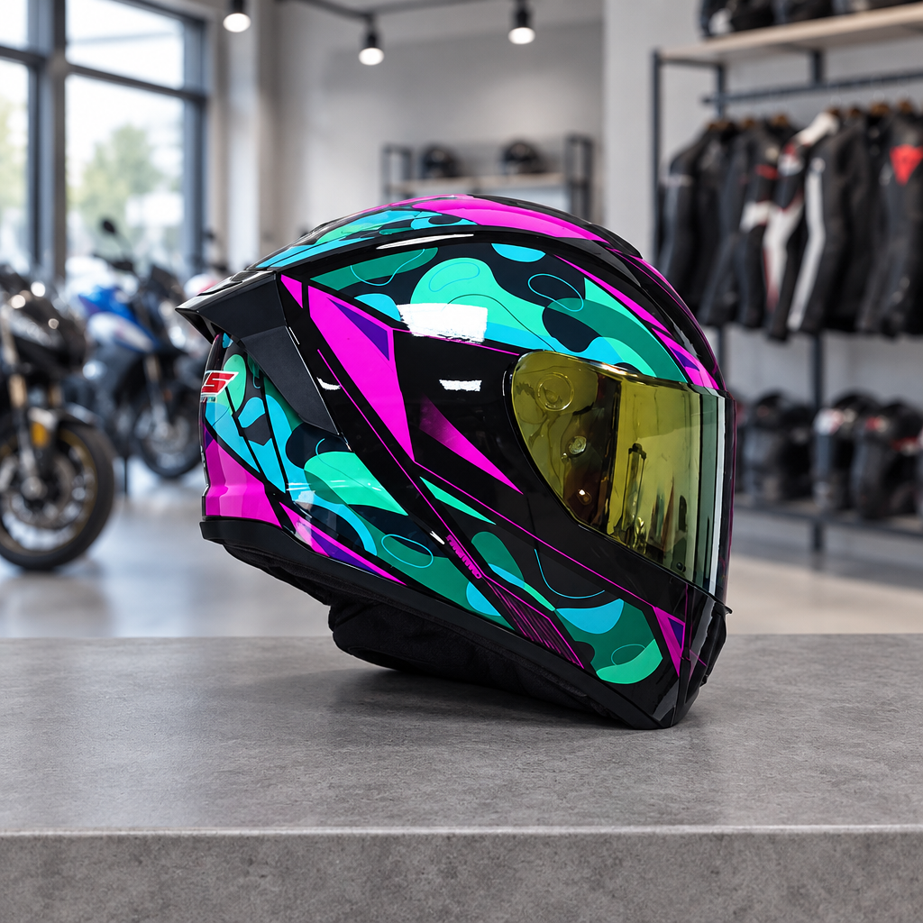 Apex full face motorcycle helmet, Aurora Teal graphic shell with a gold visor, on a workshop counter