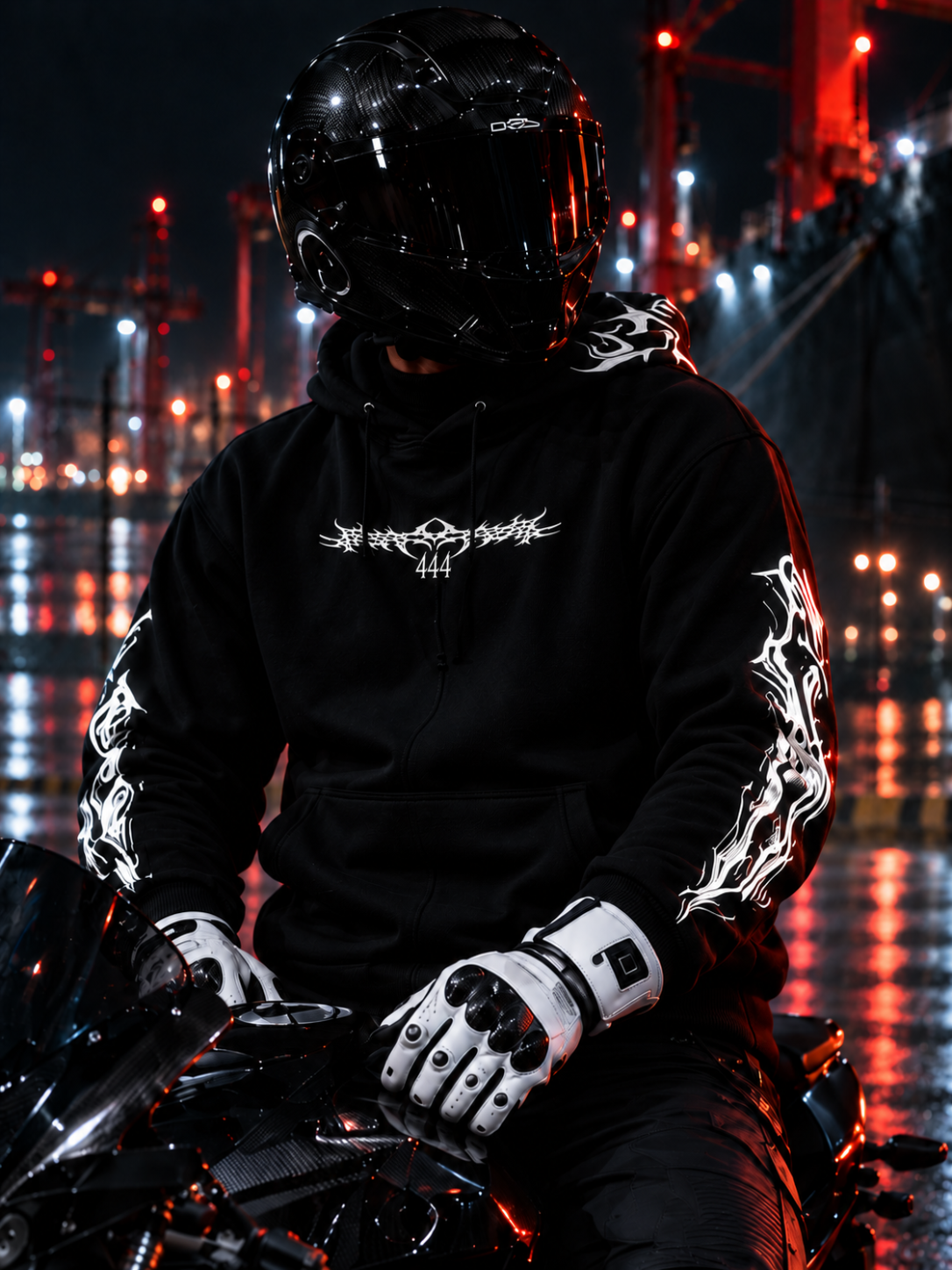 Rider on a motorcycle at night wearing the jet-black Reflective Hoodie v1, seen from the front. White tribal graphics run across the chest, both sleeves and the hood, against a harbour skyline of red and white lights.