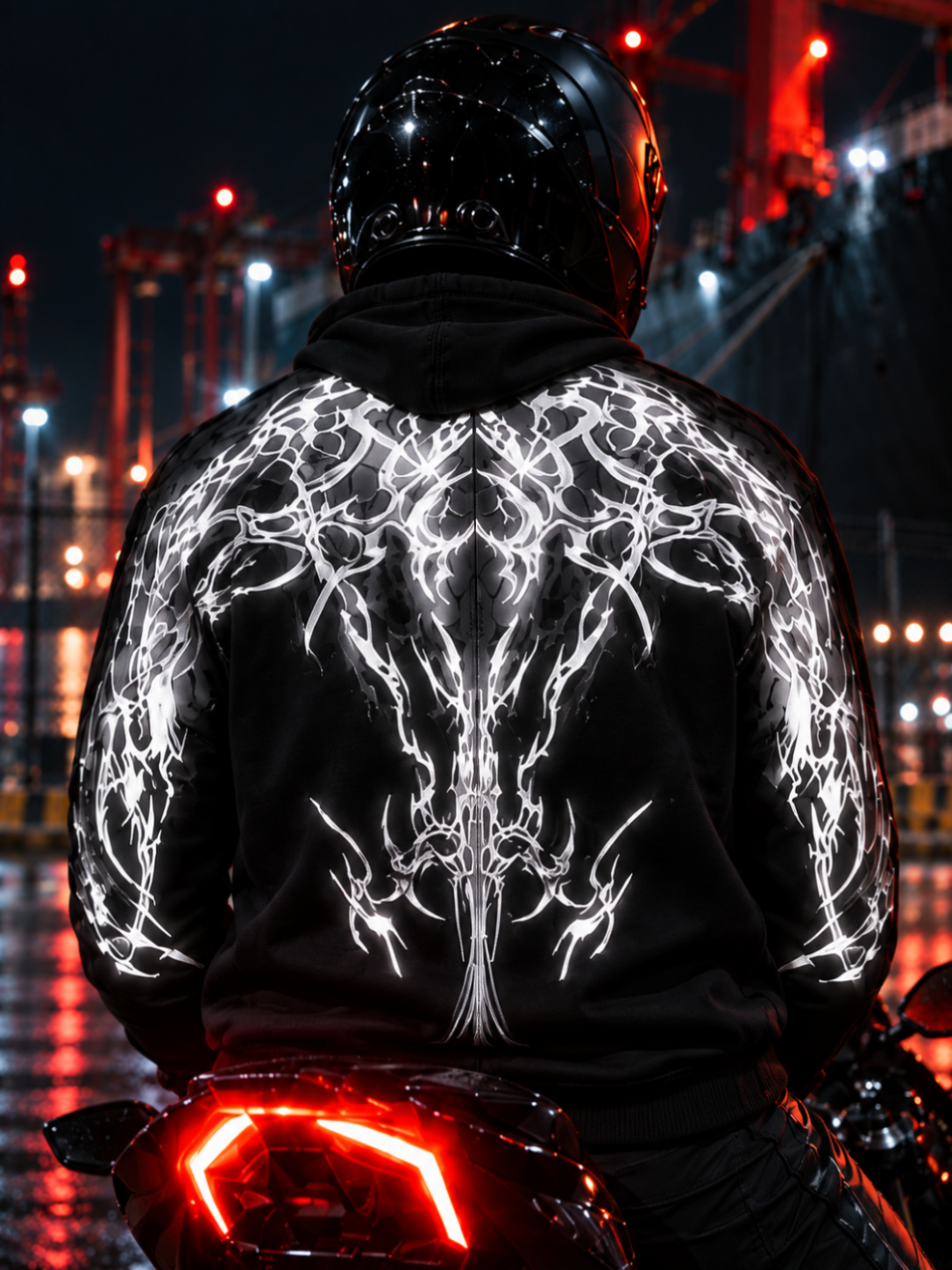 Back view of the jet-black Reflective Hoodie v1 at night. The full-back tribal print blazes bright white as light strikes the reflective ink, worn by a rider seated on a motorcycle.