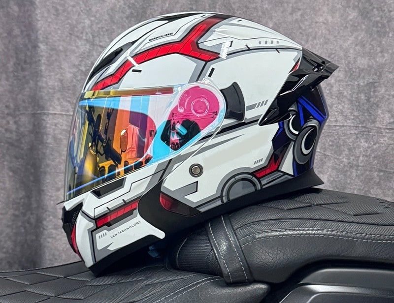 Pivot flip-up motorcycle helmet, white shell with red and blue graphics, fitted with the red iridescent outer shield