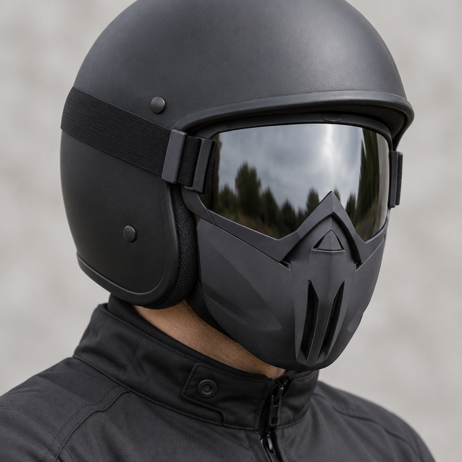 Recon motorcycle goggles fitted to an open-face helmet
