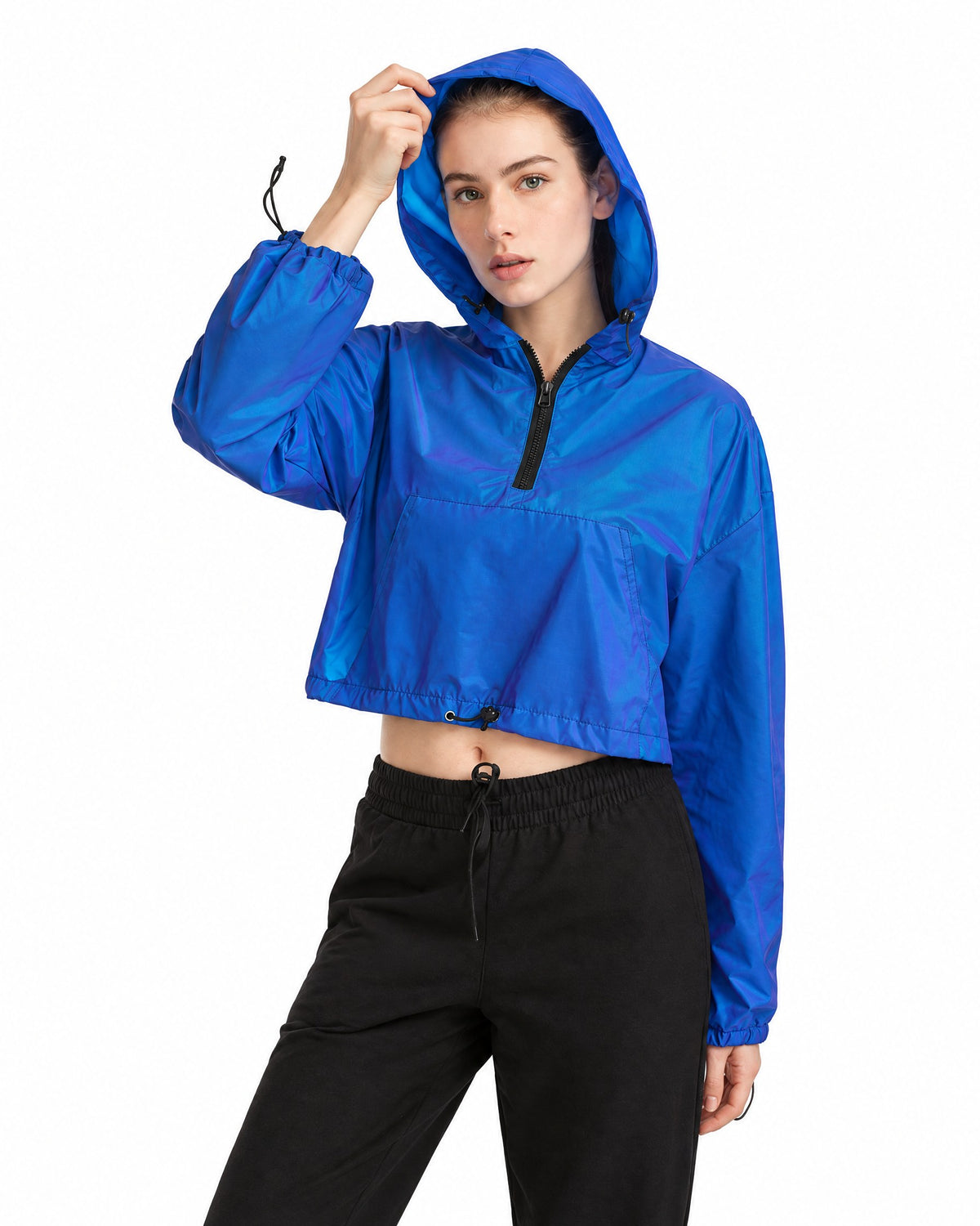 Women's reflective cropped hooded jacket in Cobalt royal blue, daylight studio front view