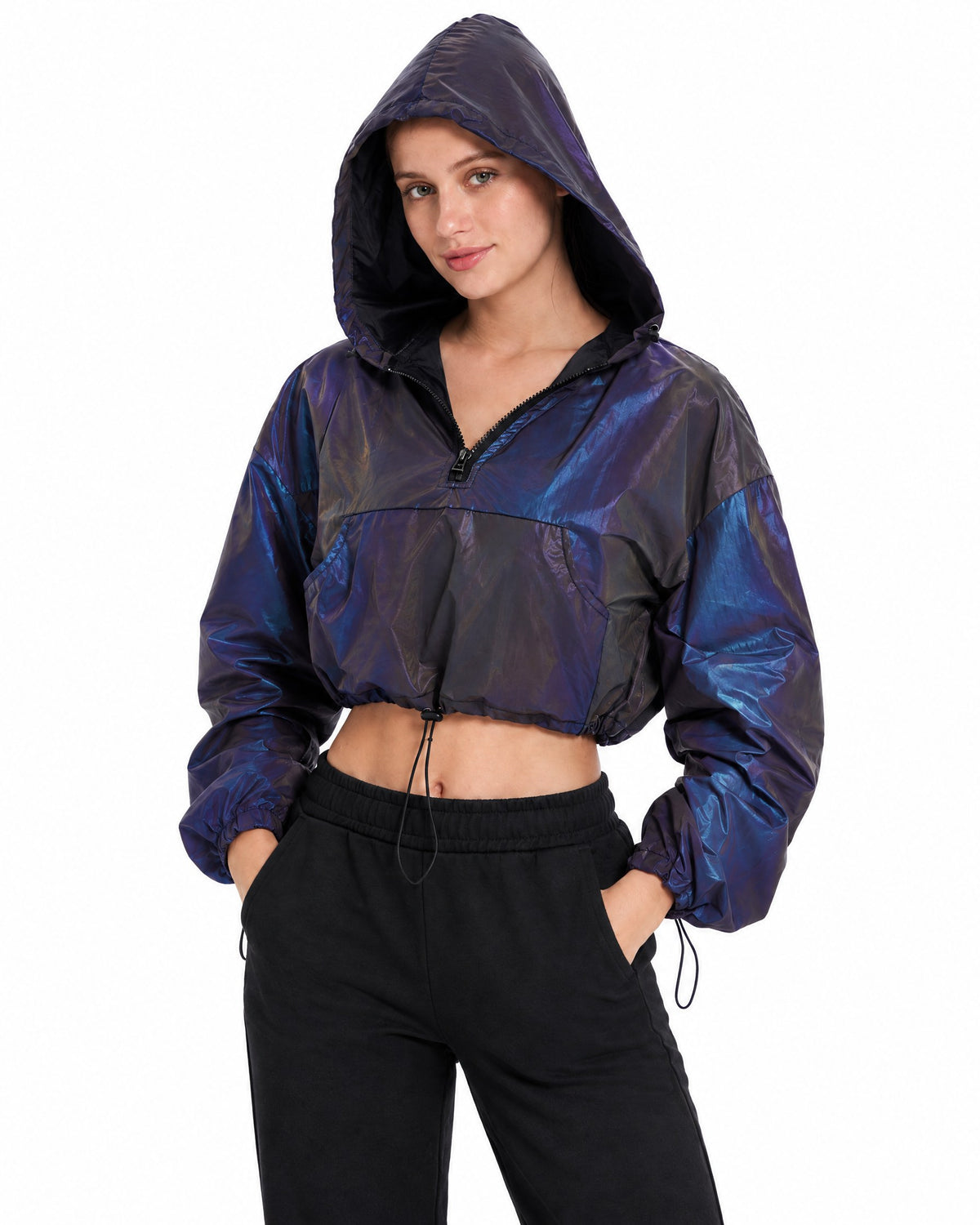 Women's reflective cropped hooded jacket in Prism, deep navy with iridescent sheen in daylight