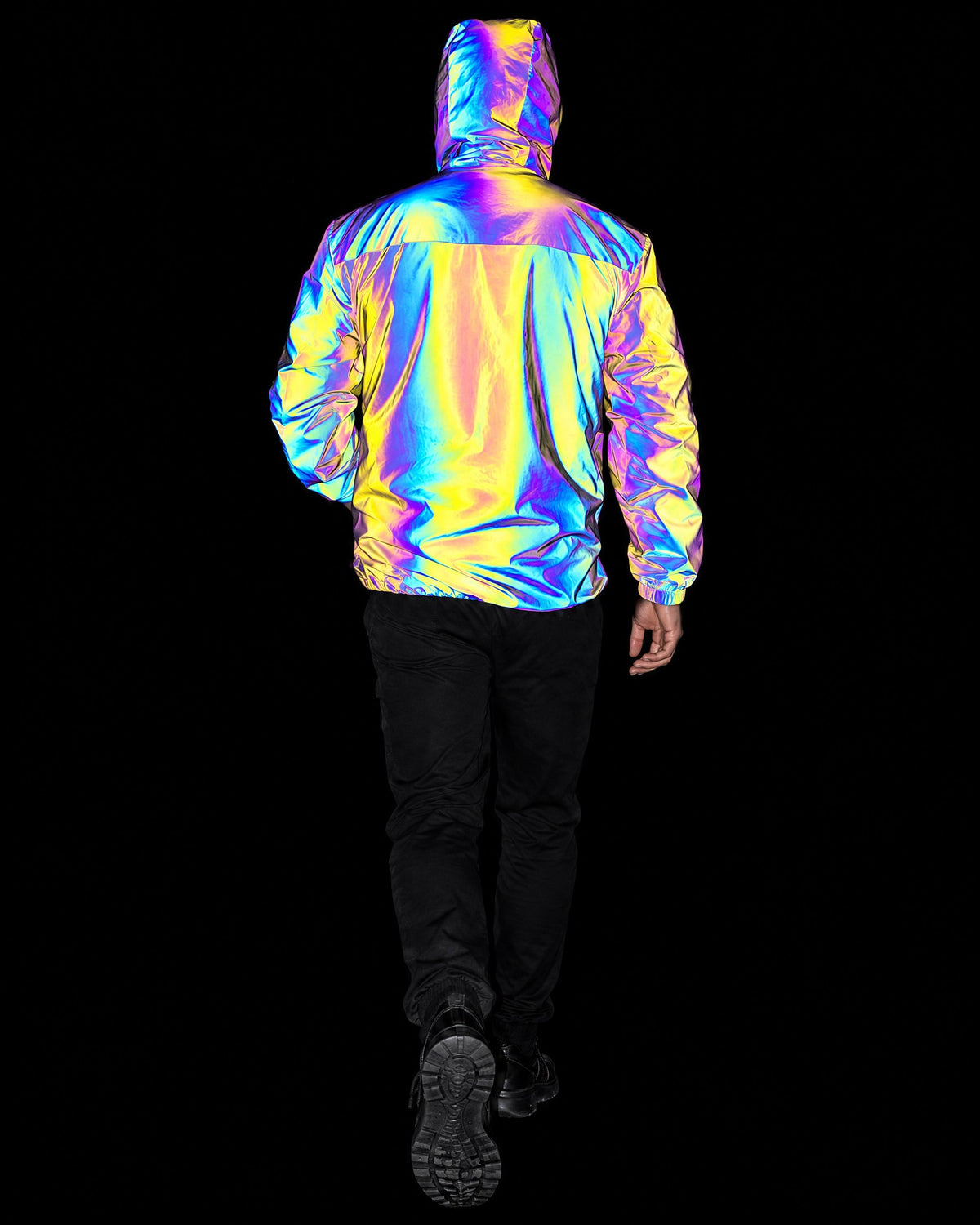 Back of the men's reflective hooded jacket lit by flash, hood up