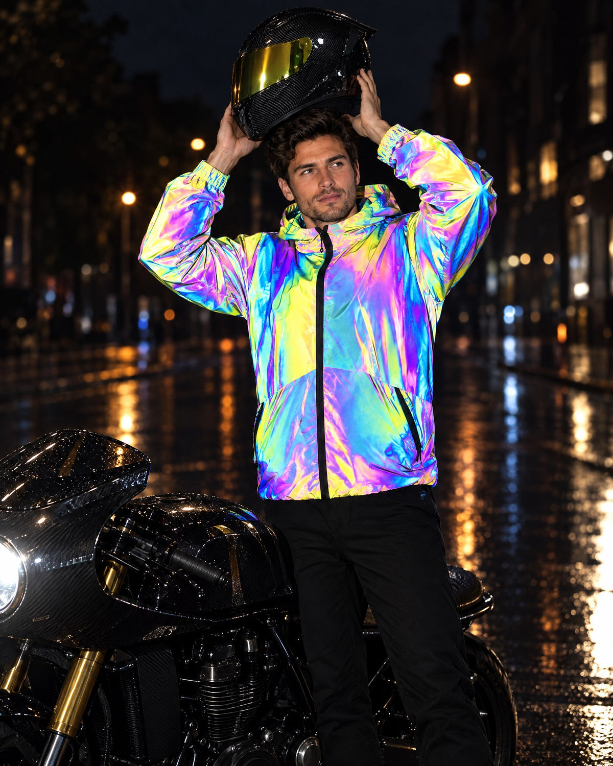 Man in a reflective hooded jacket putting on a carbon-look helmet beside his motorcycle