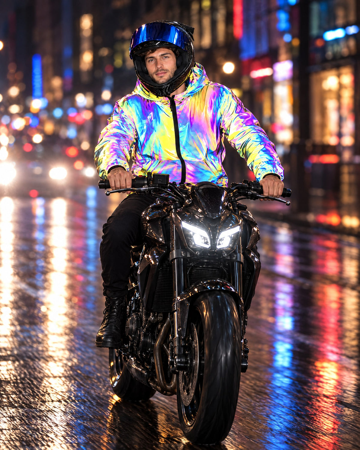 Man in a reflective hooded jacket riding a motorcycle on a neon-lit wet street at night