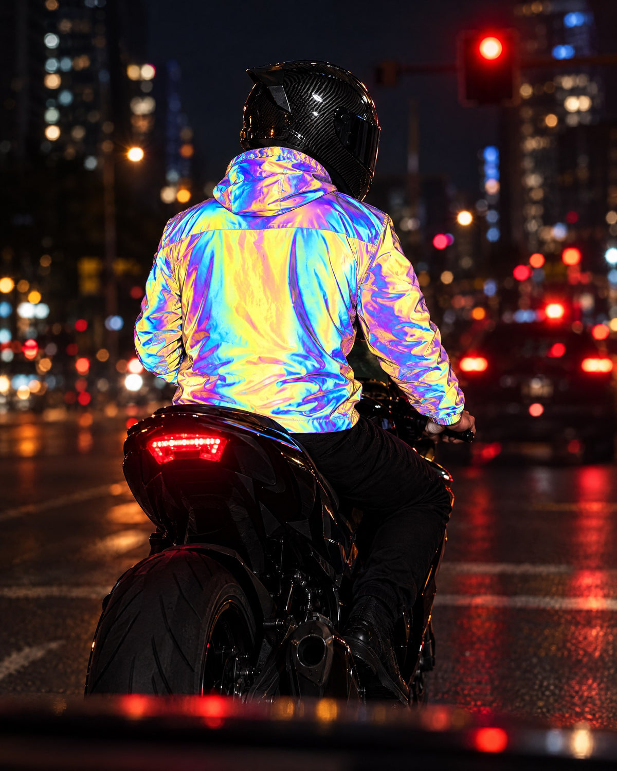 Rider waiting at a red light, back of his reflective jacket lit by car headlights