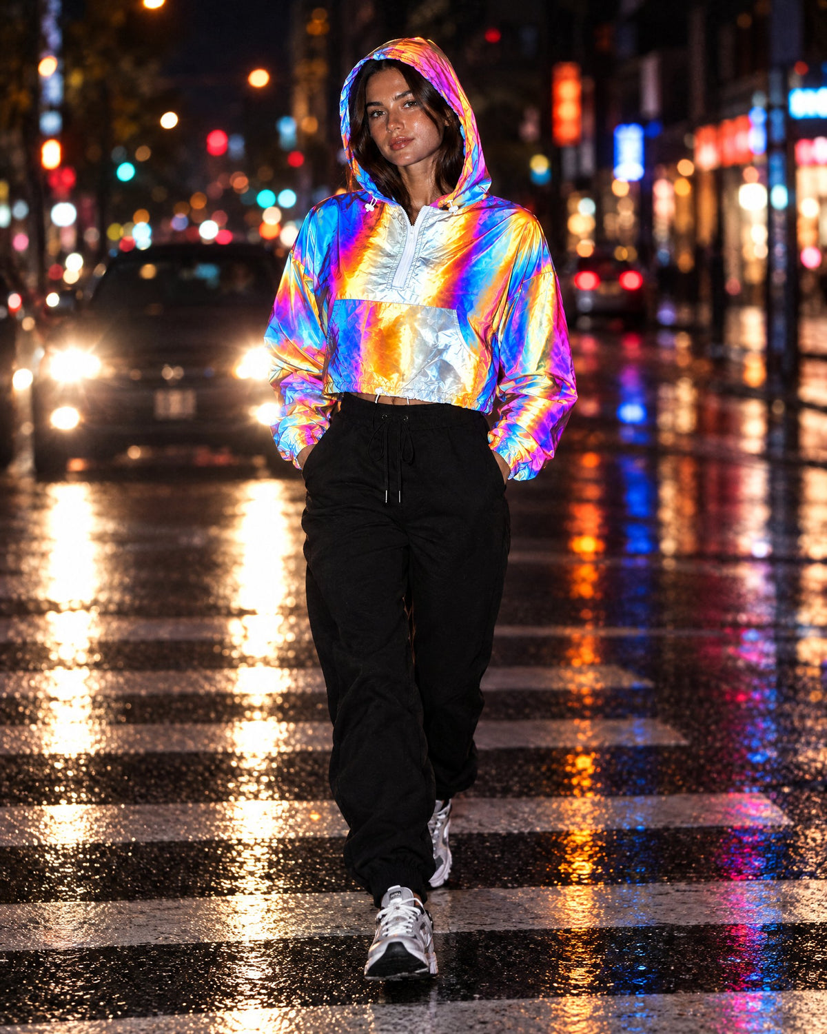 Woman in a Rose reflective cropped jacket crossing a city street at night in car headlights