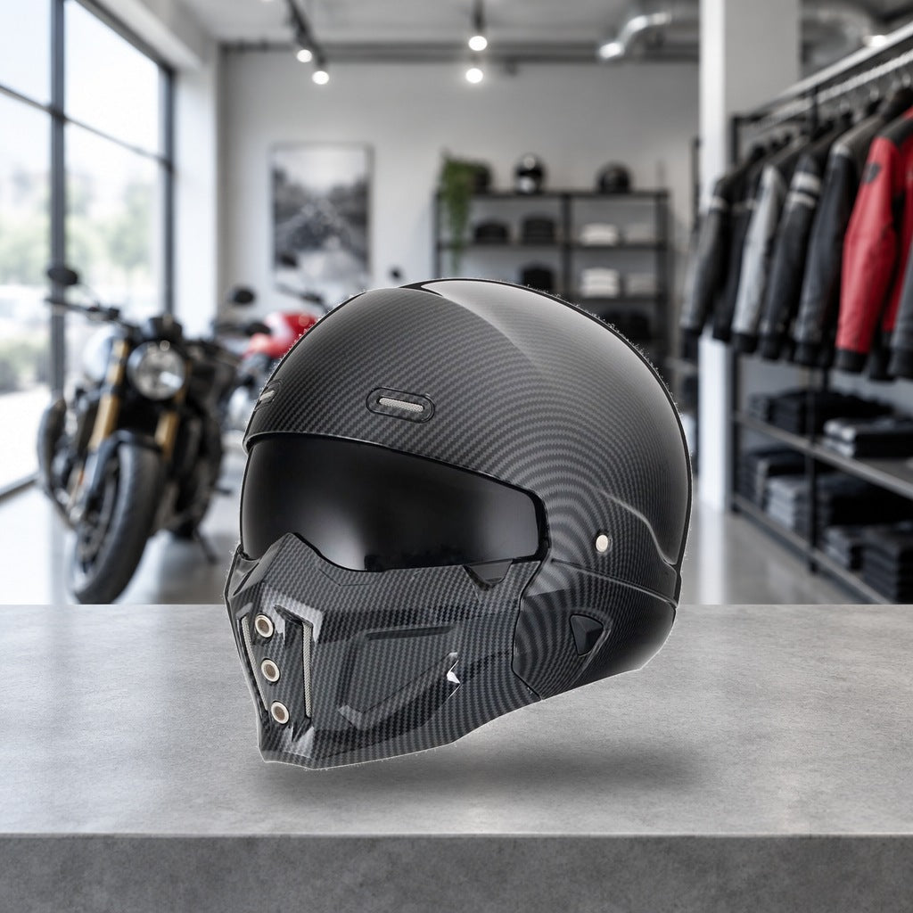 Switchback convertible motorcycle helmet in gloss carbon-look weave, chin bar fitted, on a workshop bench
